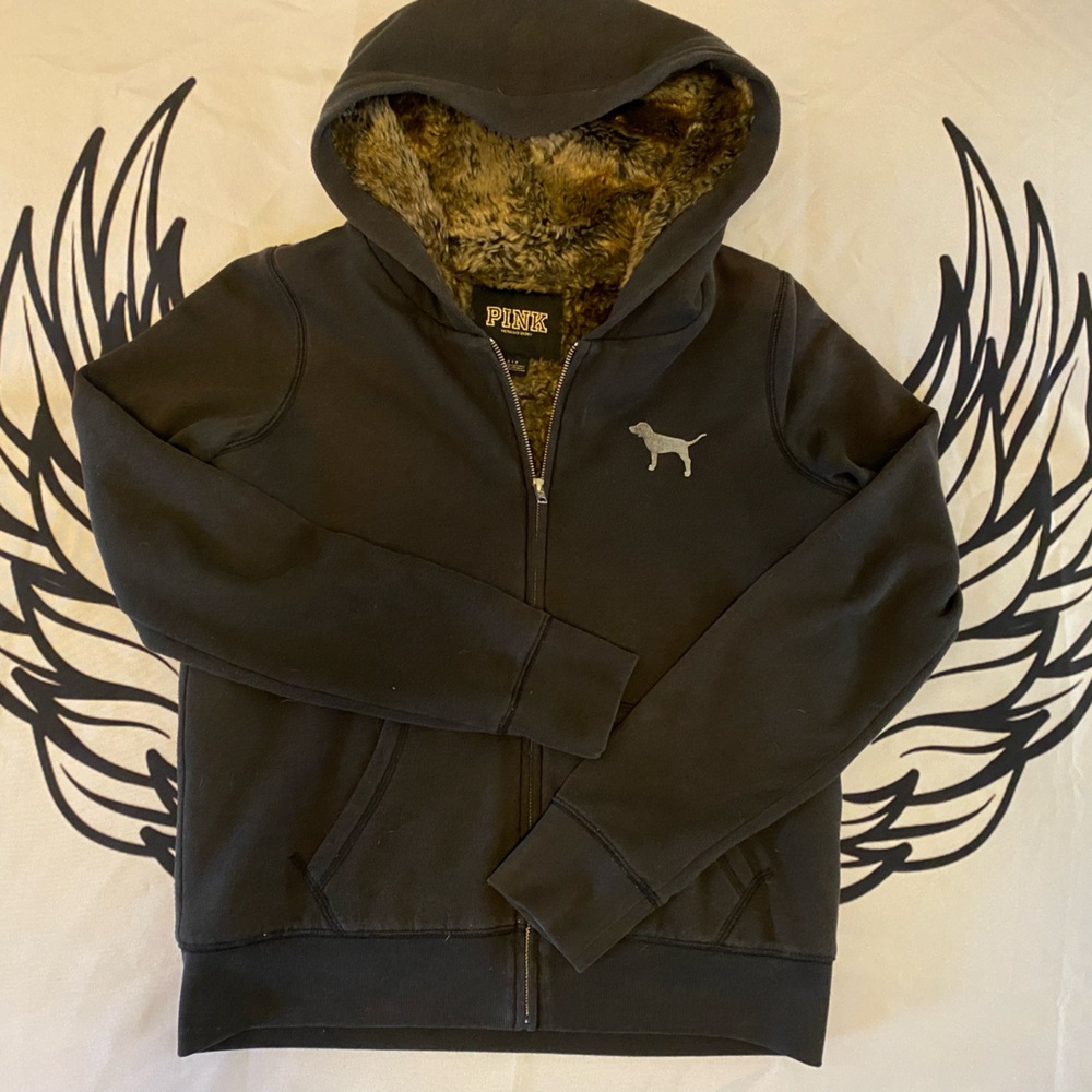 PINK Victoria's Secret Black Faux-Fur Lined Zip Hoodie
